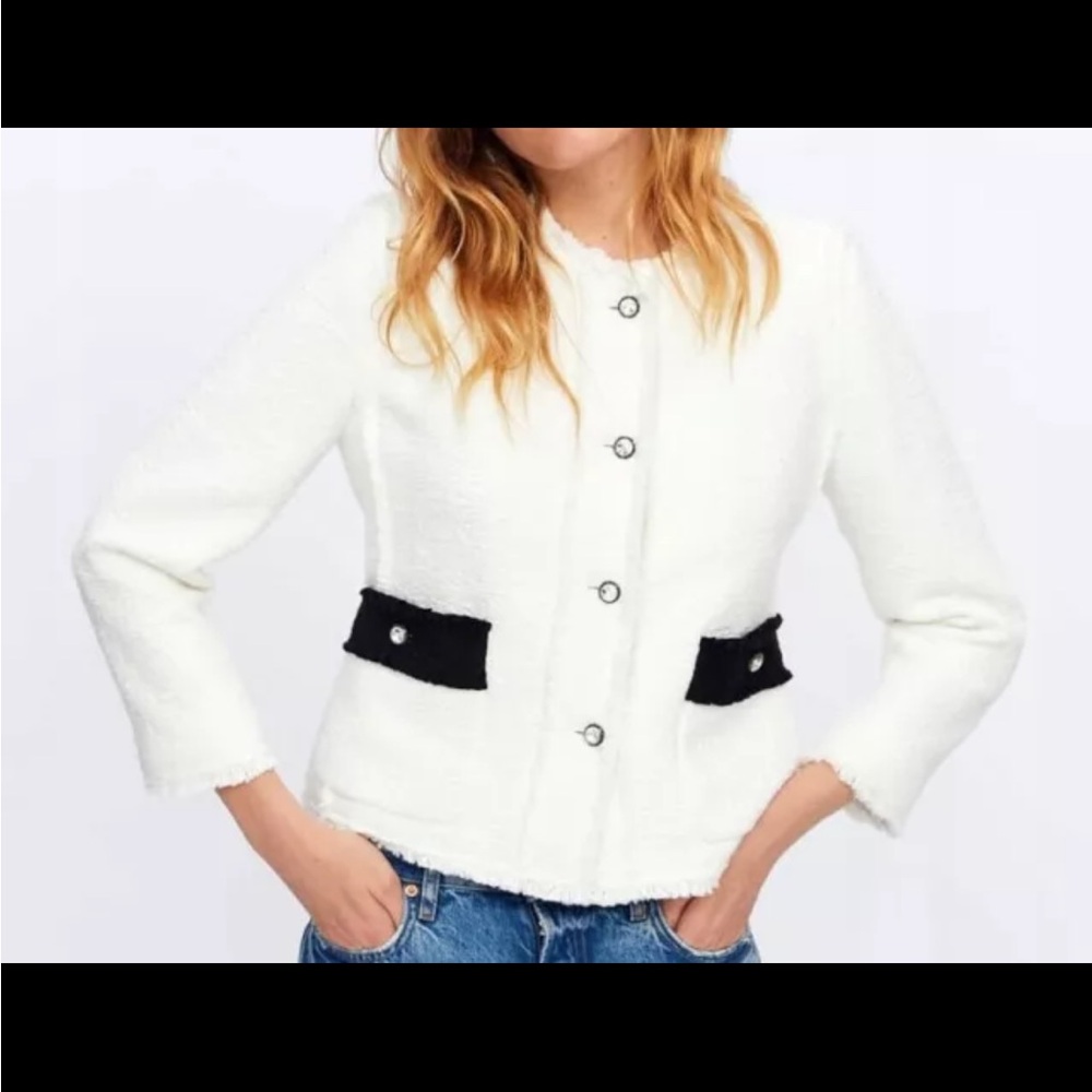 ZARA BLAZER TWEED WHITE BLACK GEM BUTTONS COLLAR DETACHABLE - Picture 2 of 9